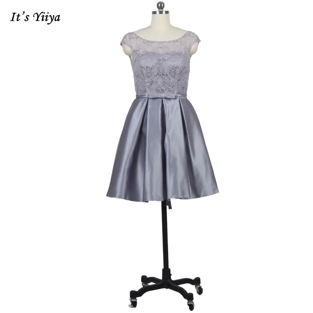 

It's YiiYa Prom Dresses Gray O-nec Sleeveless illusion Lace Satin Lace up A-line Knee-length Plus size Women Party Dress X022