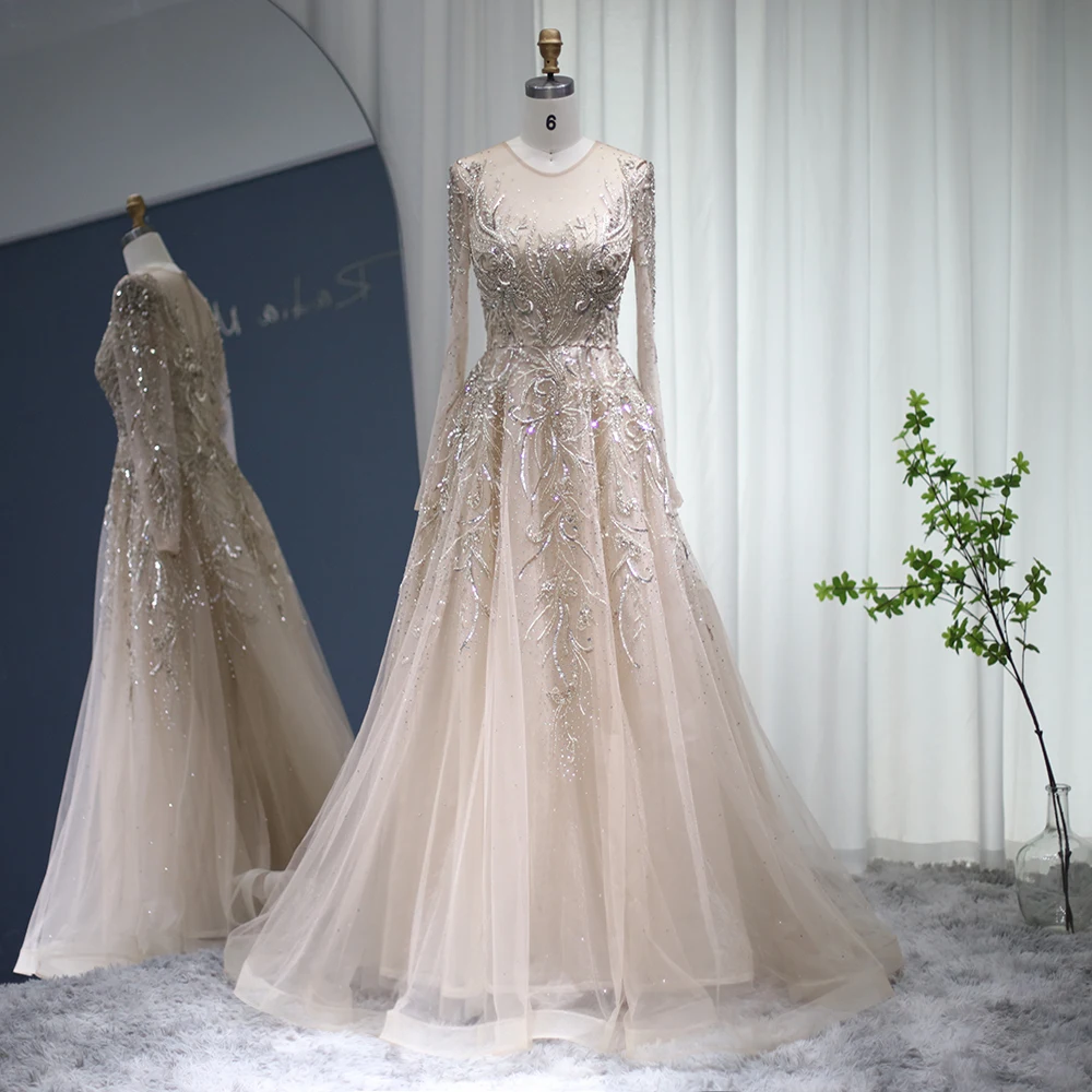 Sharon Said Luxury Gold Muslim Evening Dresses 2022 Dubai Beaded Long