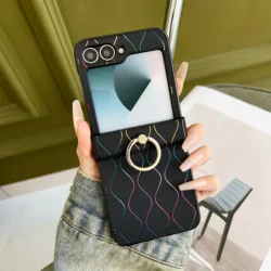 Luxury Stylish Wavy Line Hinge Ring Phone Case Set with Wave Pattern Back Cover - Samsung Flip 8 (Black)