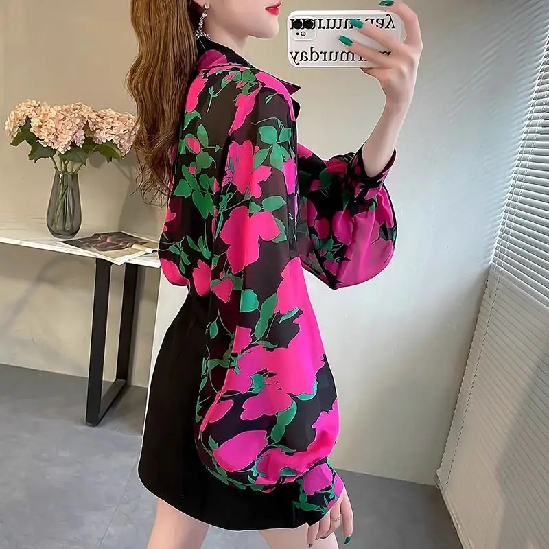Elegant Fashion Harajuku Slim Fit Female Clothes Loose Casual All Match Tops Women Printed Button POLO Collar Long Sleeve Blusa