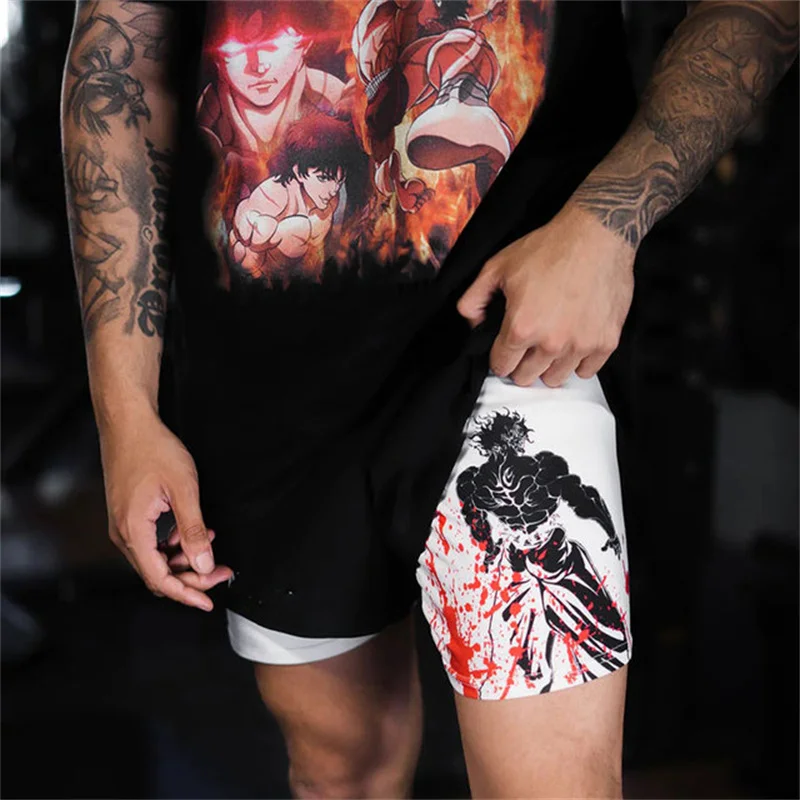 Stylish Anime Baki Hanma Graphic Shorts for Men Athletic Gym Workout 2 in 1 Shorts with Compression Liner Fitness Activewear 3