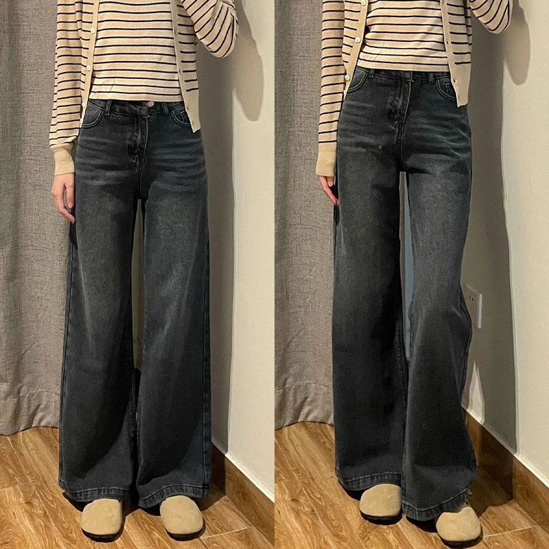 프리미엄 그레이 청바지 여성 봄 가을 새로운 스타일 슬리밍 디자인 스트레이트 레그 와이드 레그 슬림 피트 데님 바지  Best5