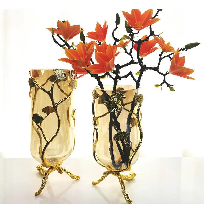 

Golden Ginkgo Leaf Bracket Glass Vase Hydroponics Flower Pots Artificial Flowers Decorative Floral Arrangement Gold-plated Vases