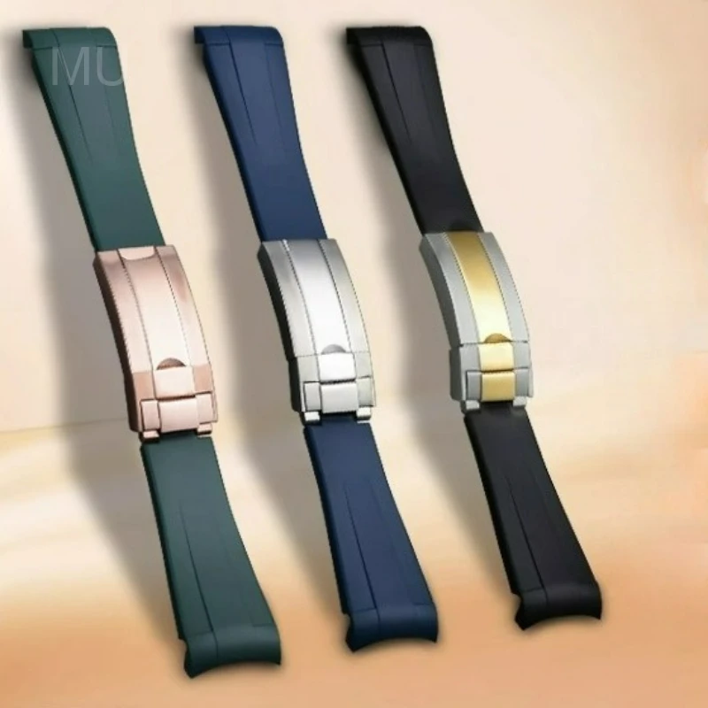 Deluxe Silicone Watch Strap in Black and Green with Curved Interface (20/21mm)