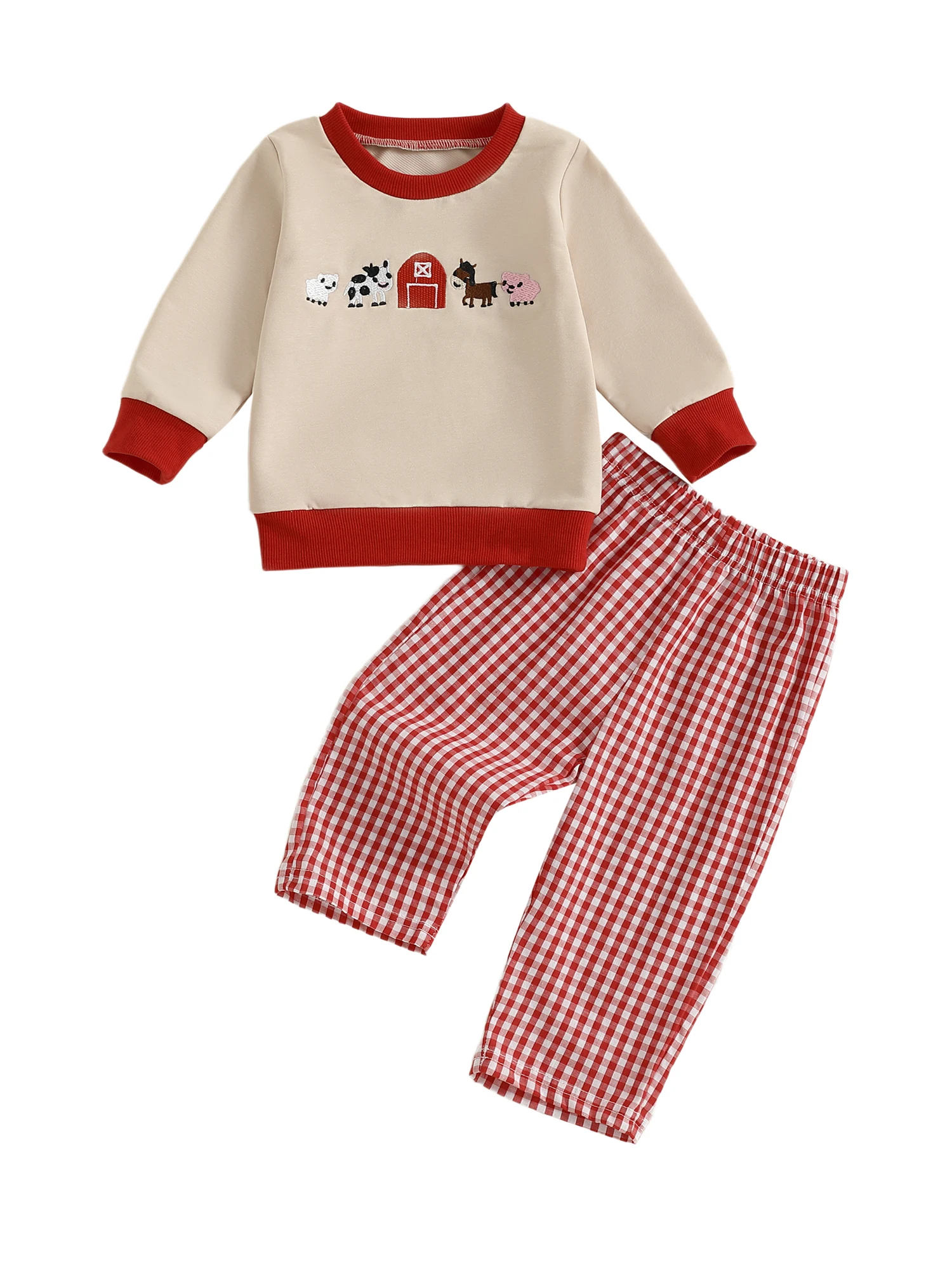 Long sleeve top and plaid pants for toddlers with embroidery