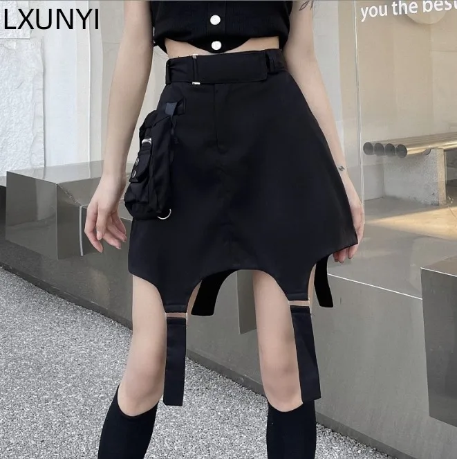 

LXUNYI Summer Cargo Skirt Black Pocket Design Harajuku High Waist irregular Slim Skirt Frock Literature Vintage A Line Skirts