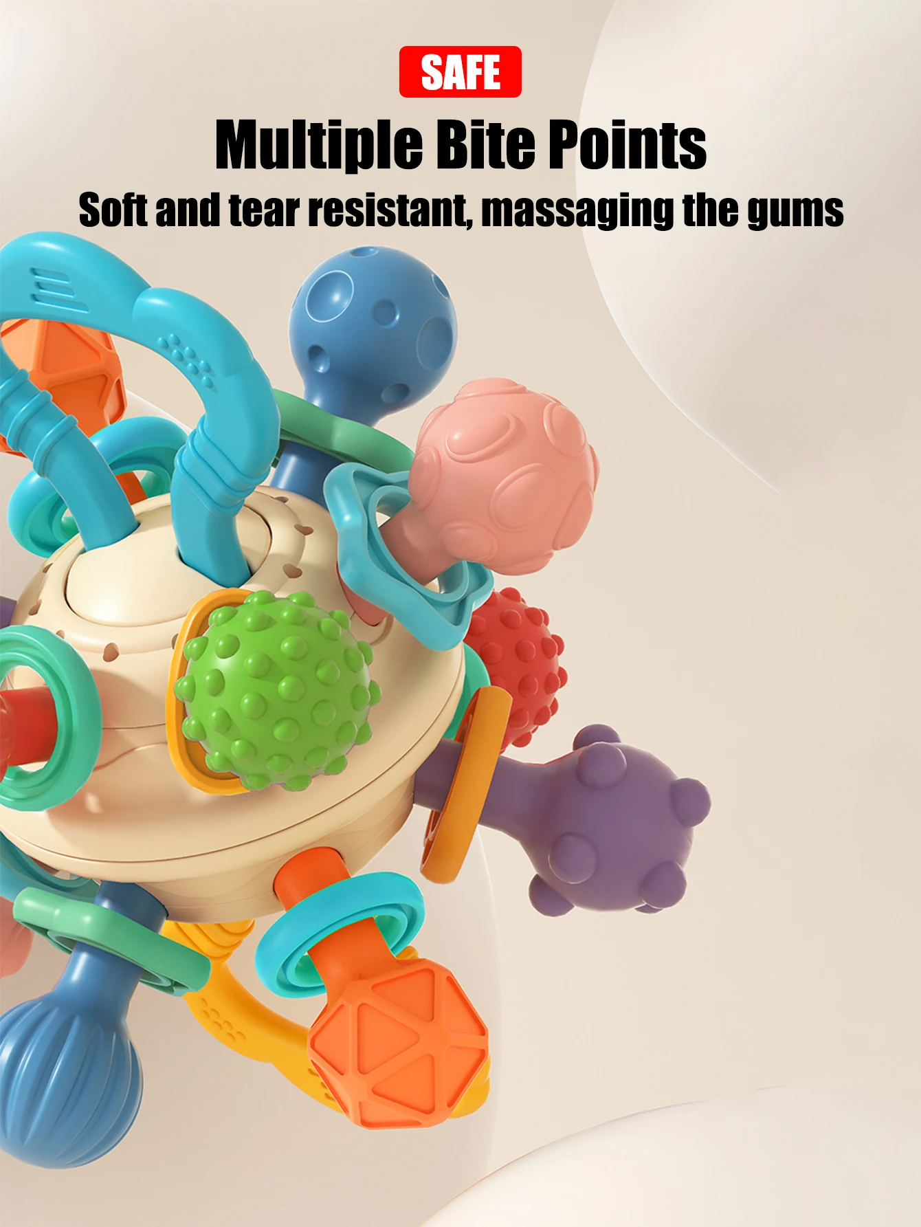 1 piece of early sensory training ball for infants aged 0-1 years old. A soft rubber grip ball that makes a sound when shaken 2