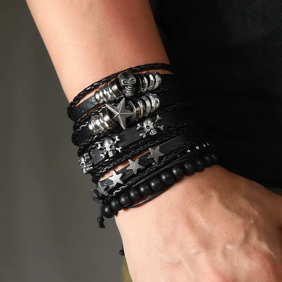 Gioielli Da Uomo Punk Rock Bracciale In Pelle Intrecciata Bracciali Con Teschio Incrociato In