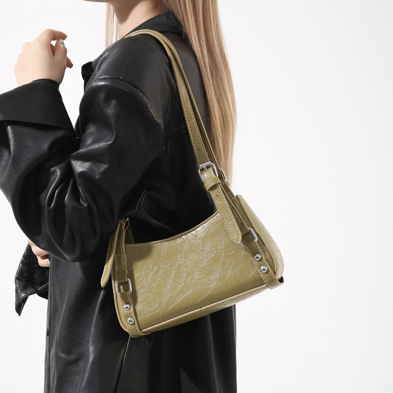 Chain Pleated Genuine Leather Armpit Bag