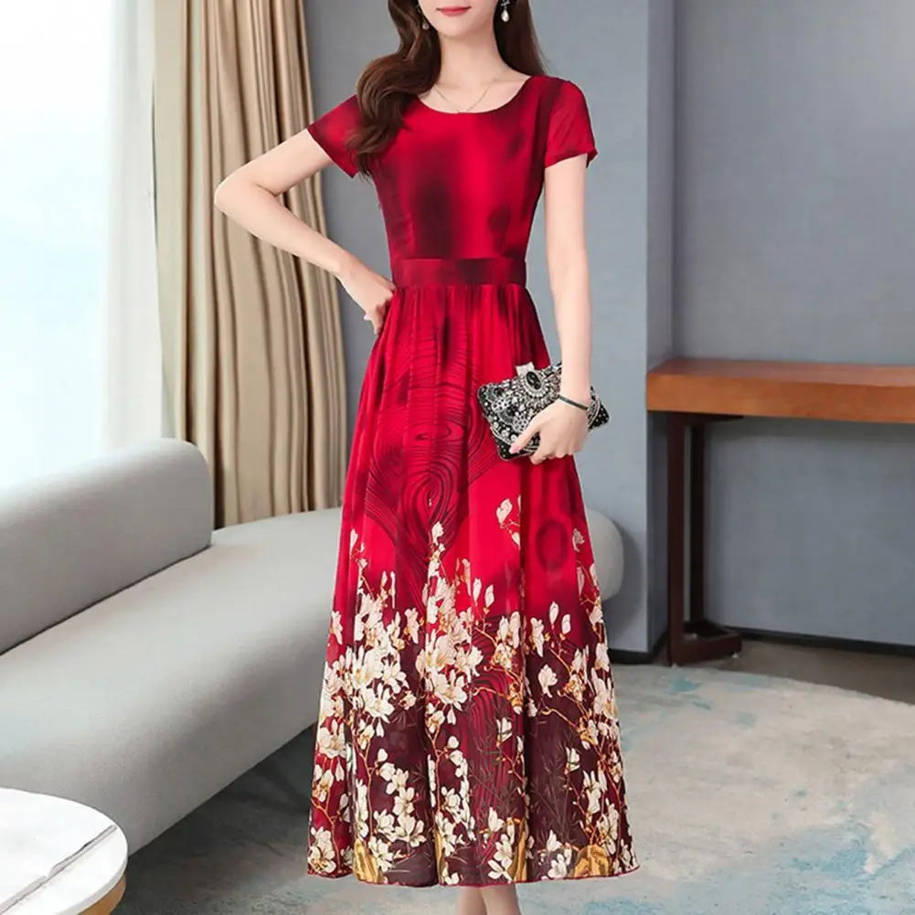 

Formal Dress Floral Print Large Hem Summer Crew Necks Long Dress for Banquet