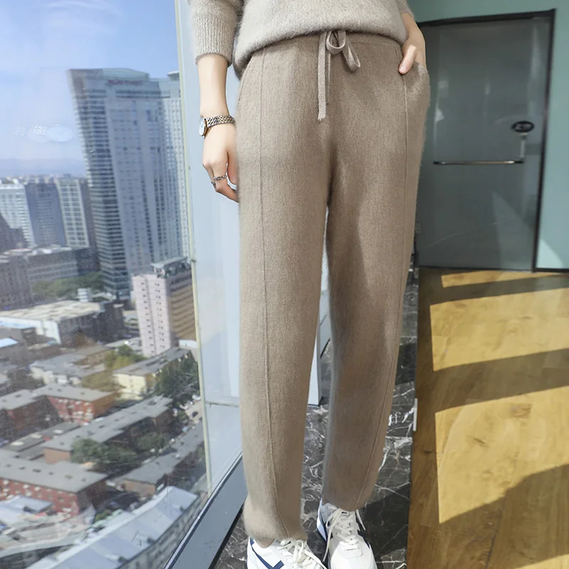 Autumn and Winter New Cashmere Small Foot Pants Ladies High Waisted Solid Color Casual Seam Pants Loose Outdoor Knitted