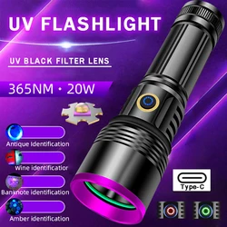 UV Flashlight 365nm Blacklight LED Ultraviolet Light 20W Type-c Rechargeable UV Torch for Pet Urine Amber Detection Resin Curing
