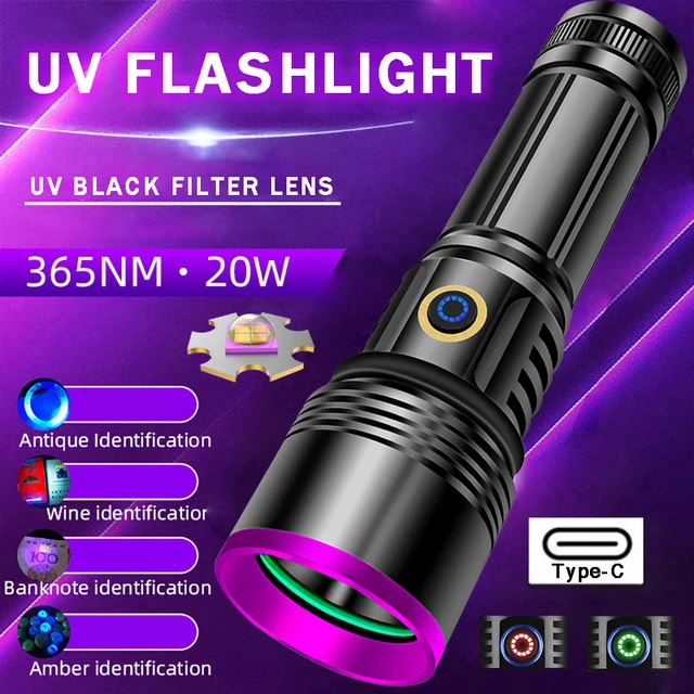 Black Light Flashlight Rechargeable, 3in1 LED UV Flash Light, 1200Lumen 7 Light Modes, Zoomable, Waterproof Pocket Size Flashlight for Pet Urine Stain Blacklight Flashlights UV Flashlight 365nm Blacklight LED