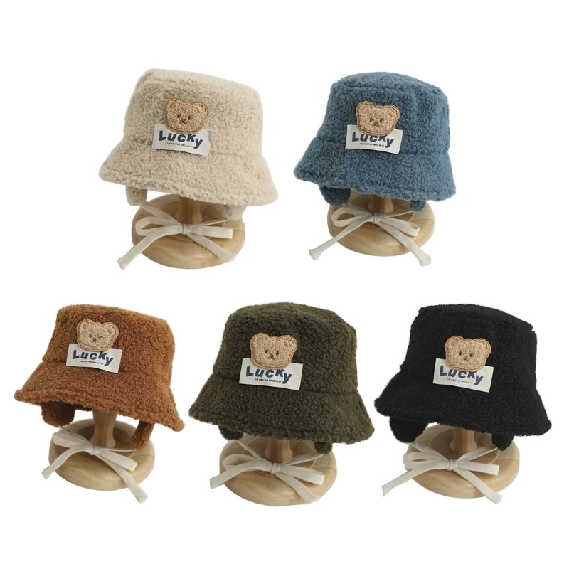 

Cartoon Bear Wool Fisherman Hat for Kids Protect Their Ears in X90C