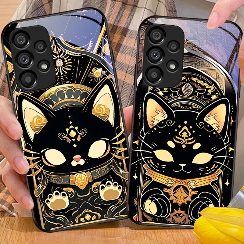 Black Gold Cat Design Tempered Glass Phone Case with Hard Shell