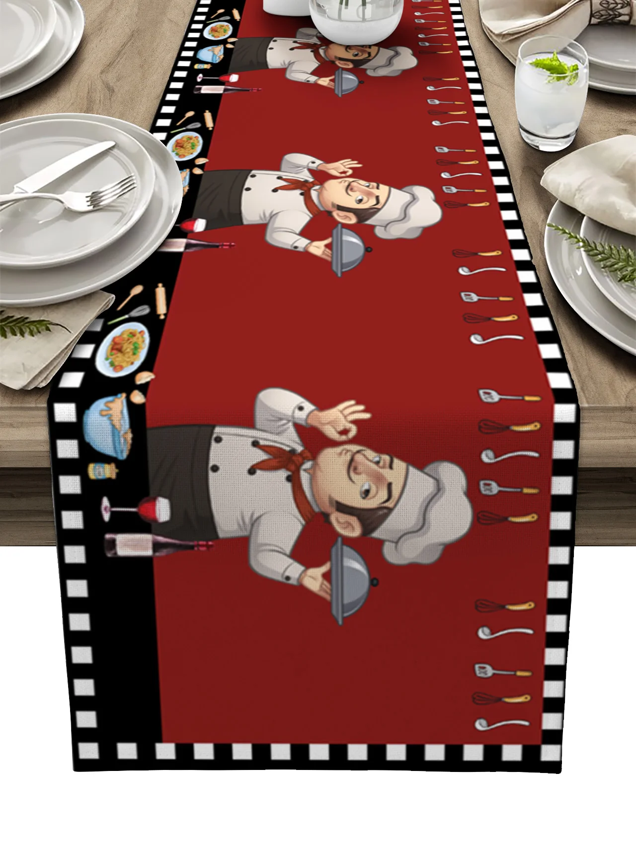 

Chef Gourmet Knife And Fork Lattice Linen Table Runner Kitchen Table Decoration Farmhouse Dining Tablecloth Wedding Party Decor