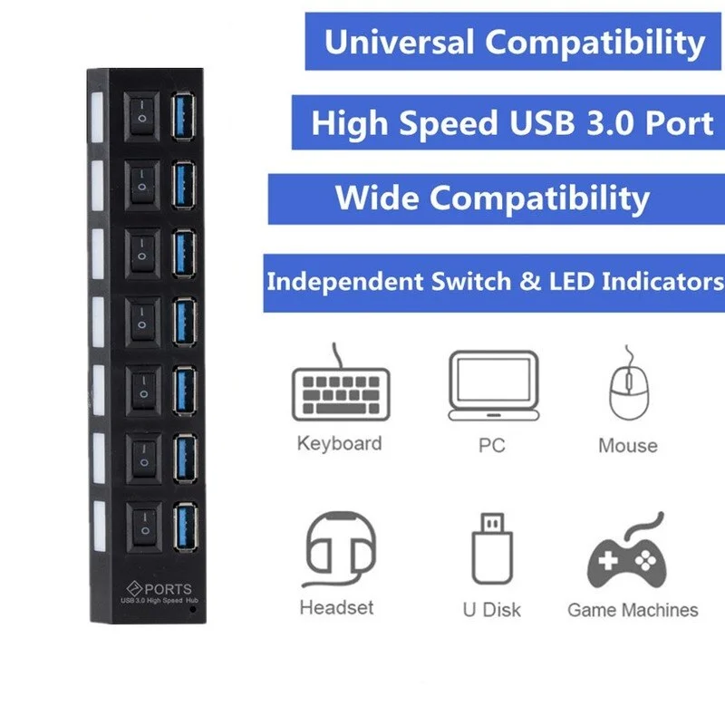 USB Hub GRWIBEOU USB 3.0 Hub Use Power Adapter Multi Splitter 7 Port Multiple 3 Hab Expander with Switch for PC