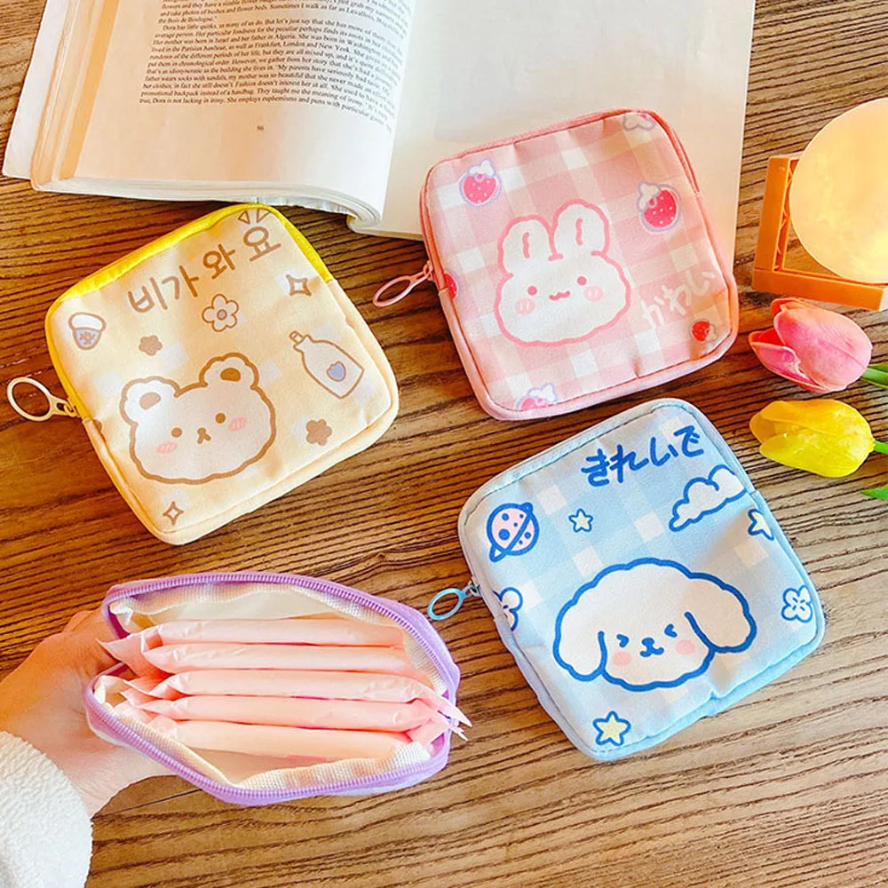 Korean Bear Canvas Ins style Credit Card Bag Sanitary Pad Storage Bag Napkin Organizer Coin Pouch silicone adhesive id credit card pocket money pouch holder case for cell phone orange