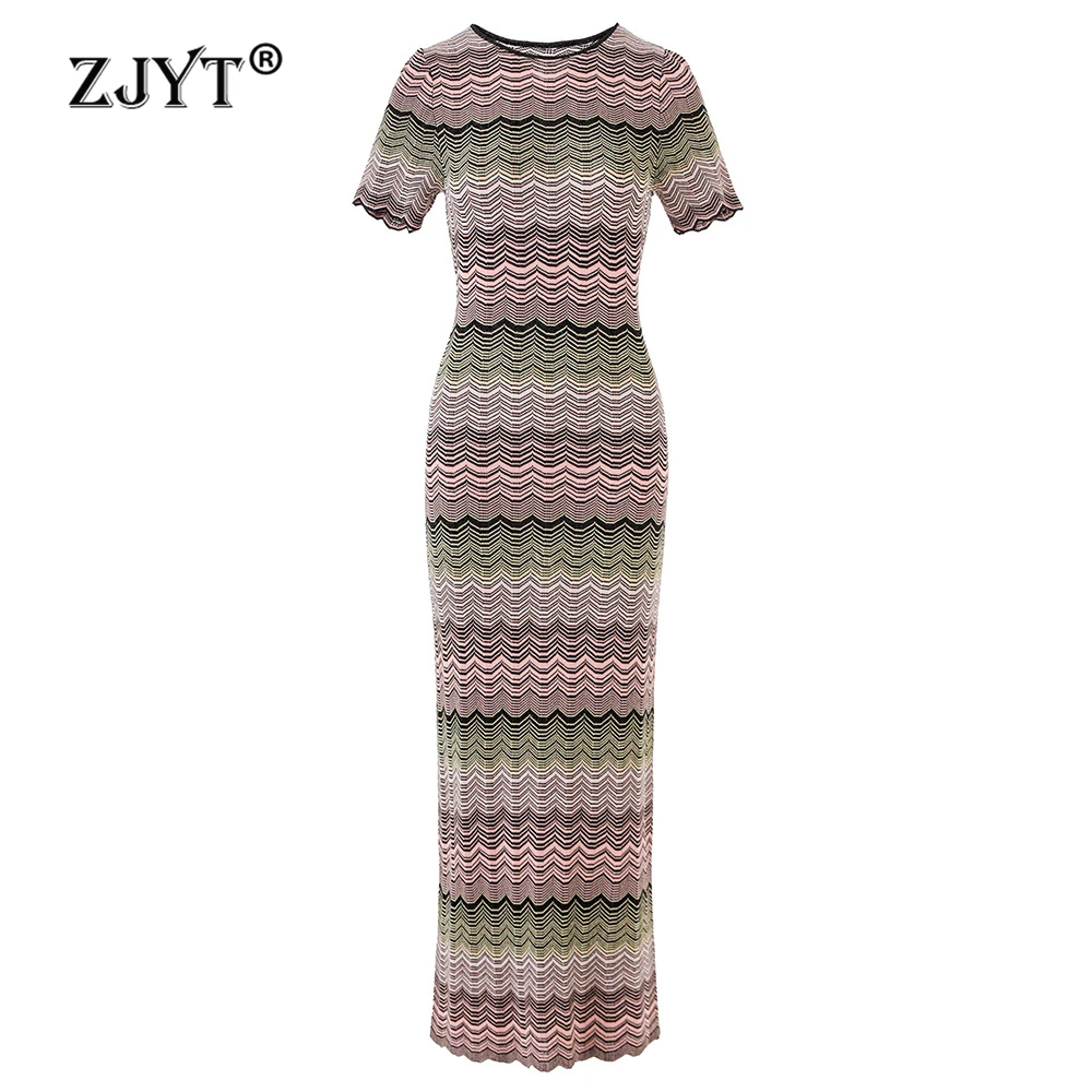 ZJYT Summer Striped Long Knit Sweater Dresses Women Elegant Fashion Short Sleeve Vintage Casual Holiday Dress Female Knitwears
