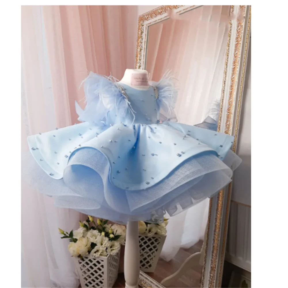 

Flower Girl Dresses Princess Feather Beaded Ruffles Jewel Neck Gilrs Pageant Dress Little Kids First Communion Dress