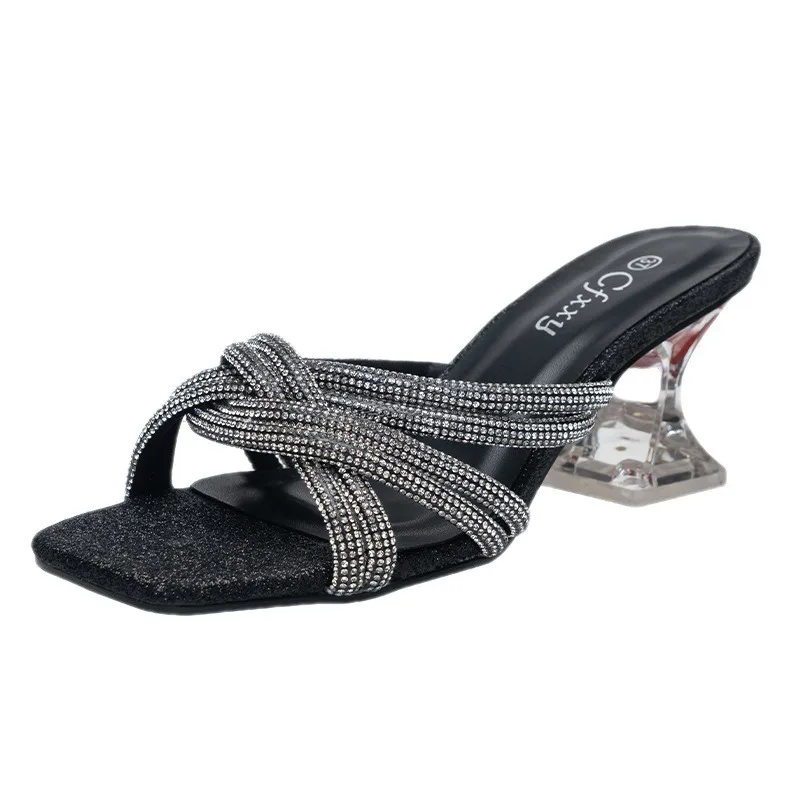 Women Sexy Clear High Heels Slippers  Rhinestone Accessories Sandals New Summer Beach Ladies Slides Flip Flops Female 2022 New