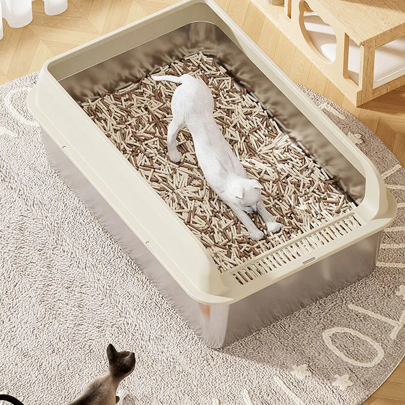 실내 고양이 화장실, 높은 테두리 스푼 포함, 물튀김 방지 및 간편한 청소를 위한 반폐쇄형 디자인