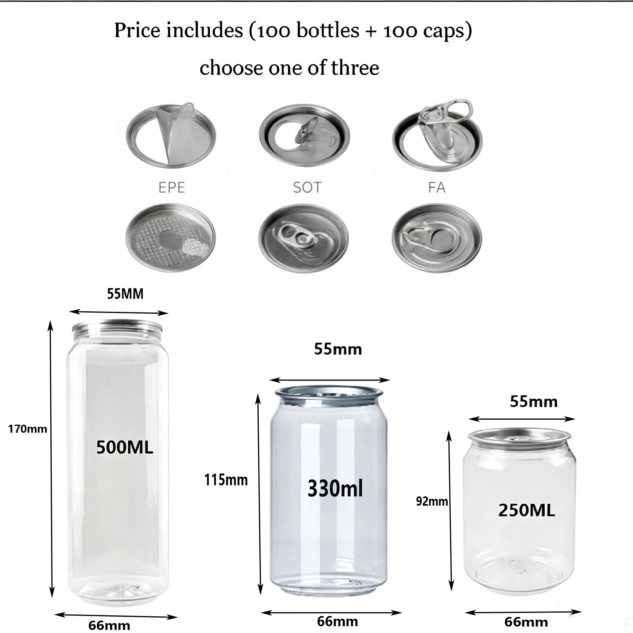 100pcs Can+100pcs Caps 250/330/500ML Clear Food Grade PET Bottles Kitchen Pantry Organization And Storage Canisters Bottles 1