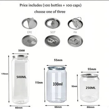 100pcs Can+100pcs Caps 250/330/500ML Clear Food Grade PET Bottles Kitchen Pantry Organization And Storage Canisters Bottles 1
