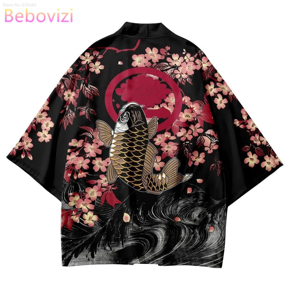 Fish Sakura Print Traditional Haori Women Men Japanese Style Samurai Clothing Male Female Street Cosplay Cardigan Kimono chinese style print men kimono cardigan set plus size male yukata samurai clothing casual loose streetwear jacket pant suit 6xl