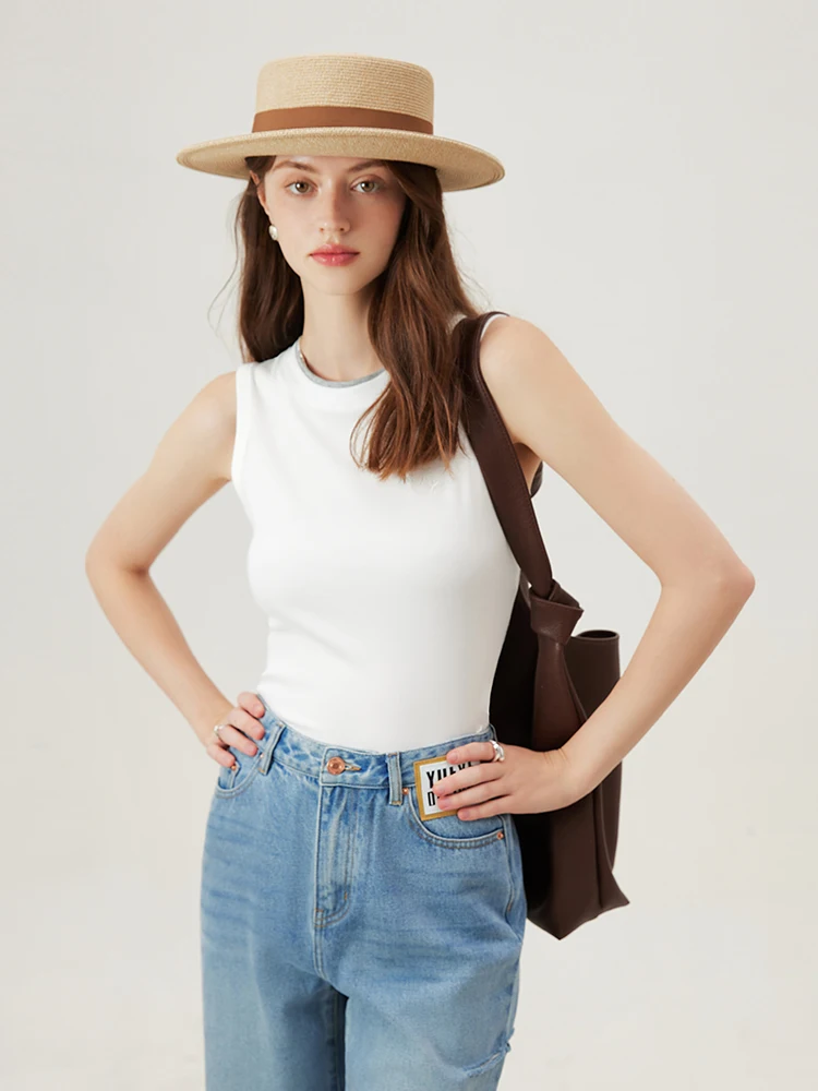 FSLE Women Sleeveless Knitted Tops Female Summer Knitwear Vest Embroidery Sleeveless Women Camisole 24FS12909
