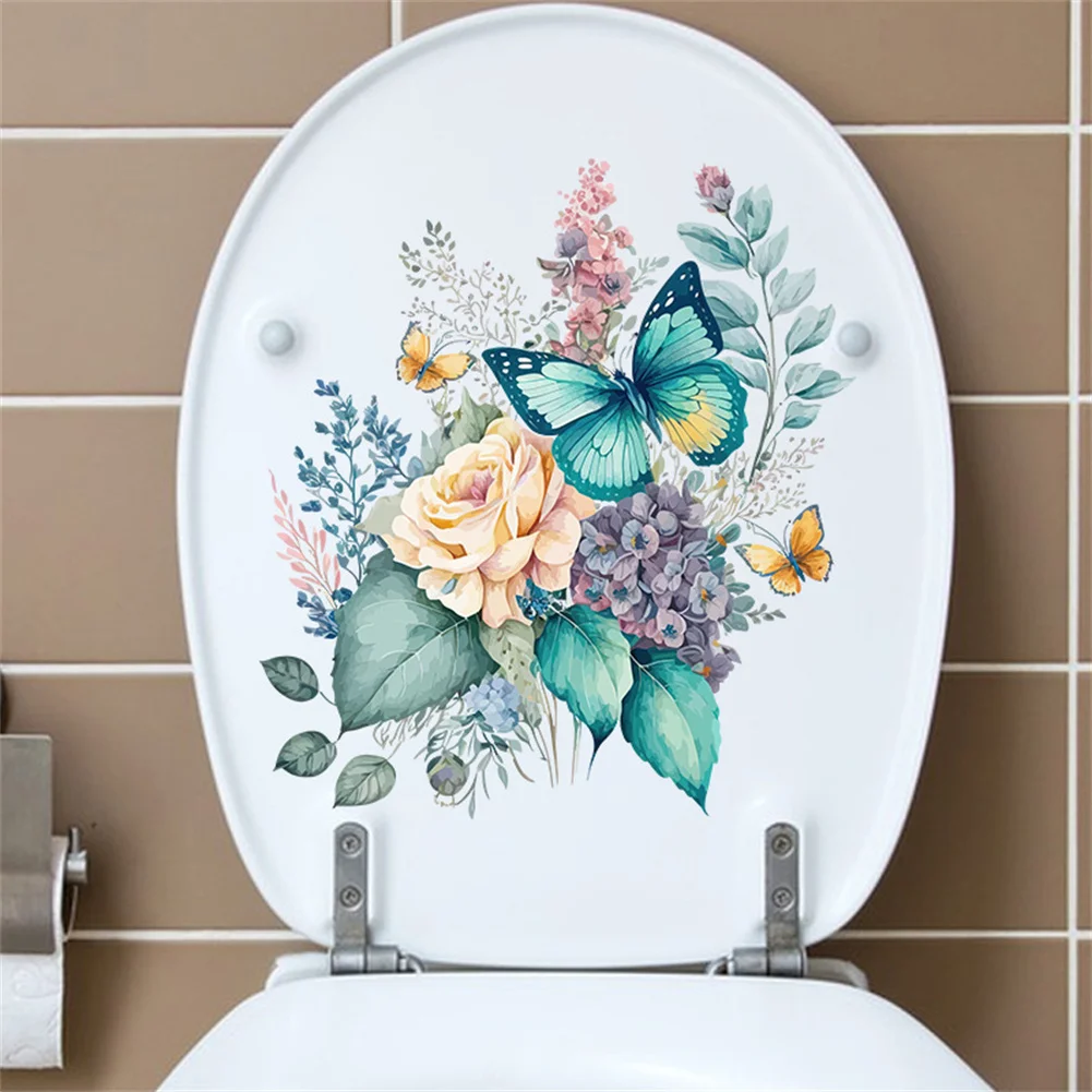 Toilet Wall Stickers Flowers Butterfly Pattern Waterproof Removable For Bathroom