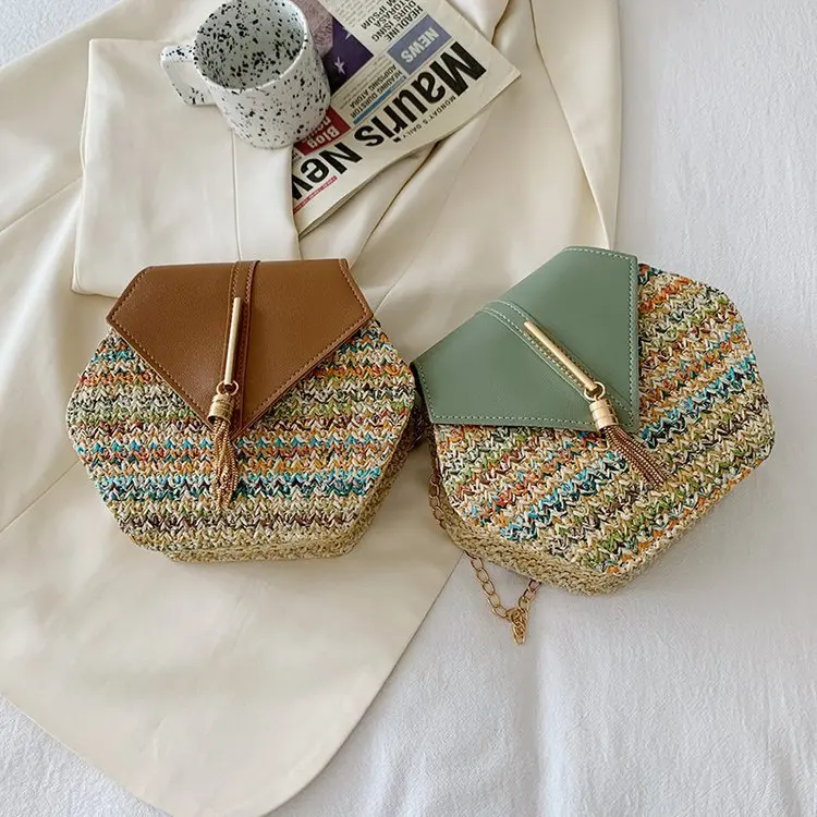Women Spring Summer Woven Bags New 2022 Autumn Winter Straw Woven Bag Hexagonal Chain Shoulder Messenger Bag