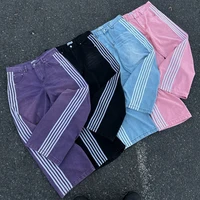 Y2K Stripe Jeans Men Women Solid Wash Embroidery Pocket Logo Heavy Denim Pants Retro Trend Streetwear Unisex Baggy Track Jeans 1