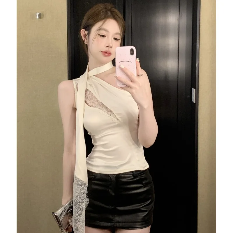 여름 섹시한 달콤한 자루 레이스 스티칭 비스듬한 어깨 조끼 여성 민소매 내부 착용 겉옷 하이 센스 탑