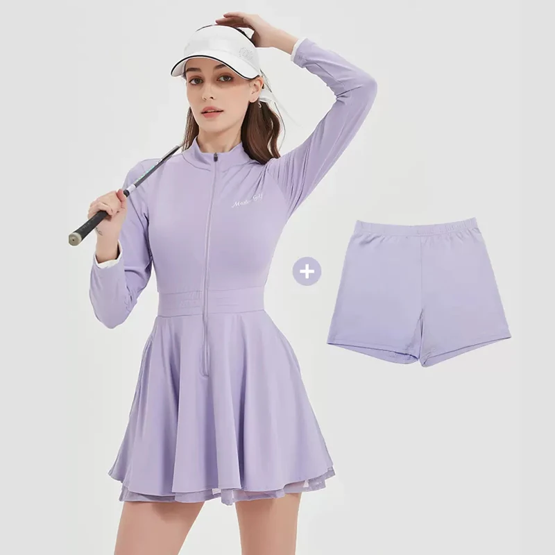 MG sporsts dress new purple long sleeve zip stand collar golf dress woman breathable thin quick dry tennis skirt