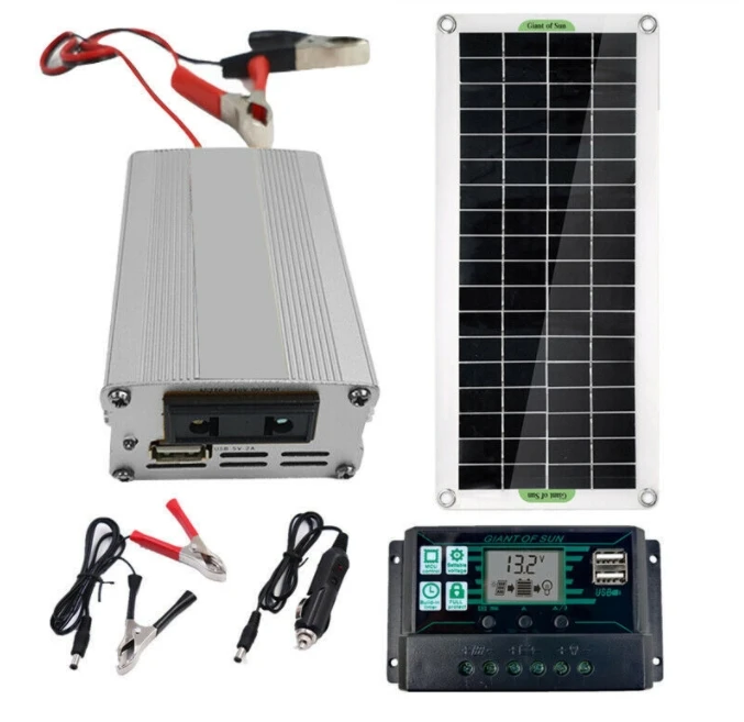 

Solar Power System 220V 30W 60A Controller Solar Panel Battery Charger 220W Inverter USB Kit Complete Home Grid Camping Power