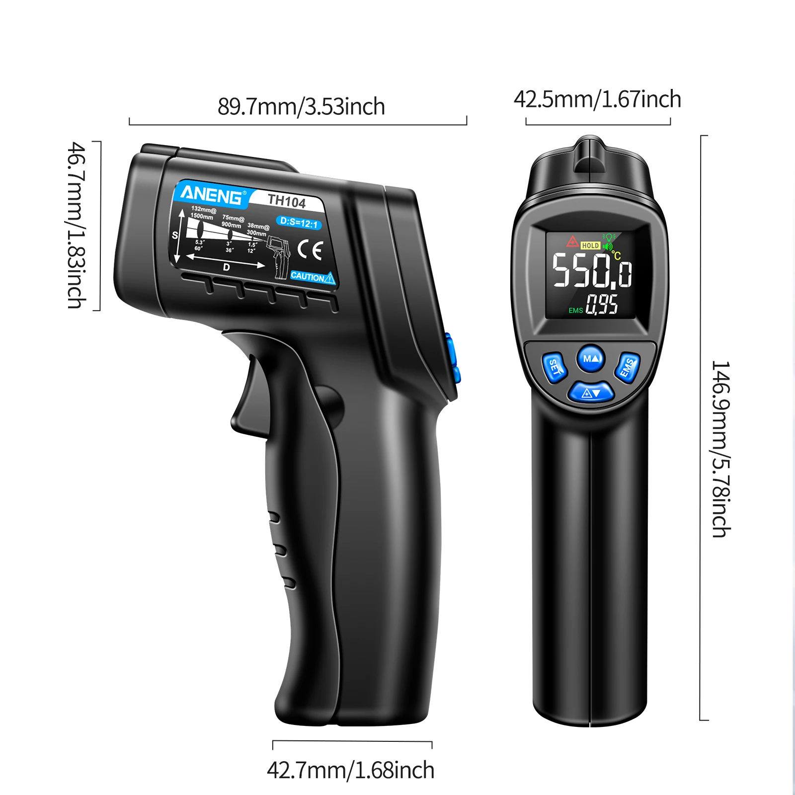 ANENG 휴대용 비접촉 적외선 온도계, TH104,-50 ℃  550 ℃ 백라이트 VA 스크린, 산업용 온도계