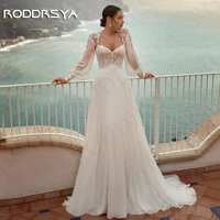 RODDRSYA Long Sleeve Beach Wedding Dresses For Bride Lace Appliques Illusion Back A Line Bridal Dress hochzeitskleid Chiffon 1