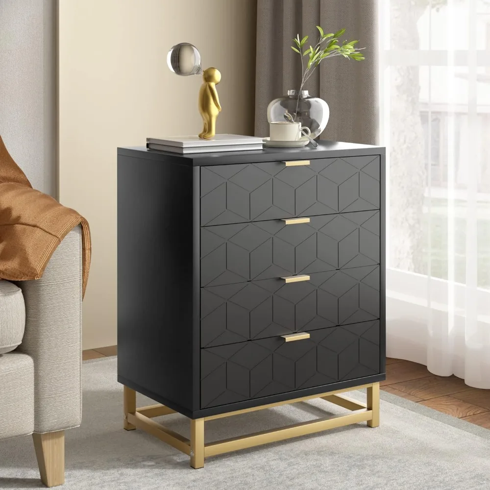 

Bedside Table with 4 Drawers Bedside Table [Gold Handle] [Gold Base] [Diamond Style] Bedroom, Living Room, Black