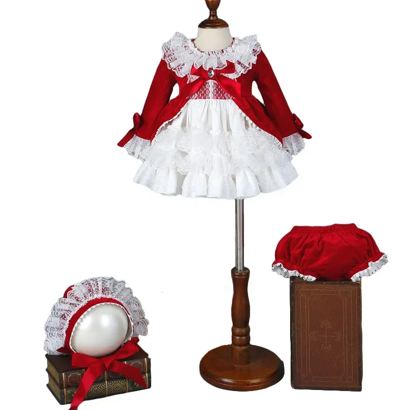 4pcs/set Red Velvet Autumn Winter Girl Vintage Spanish Dress Pompom Ball Princess Dress Lolita Christmas Party for Girl girls dress princess costume