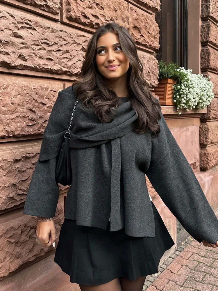 Veste Col écharpe Asymétrique Pour Femme - Micropolaire, Manches Longues, Poches, Automne-hiver Décontracté