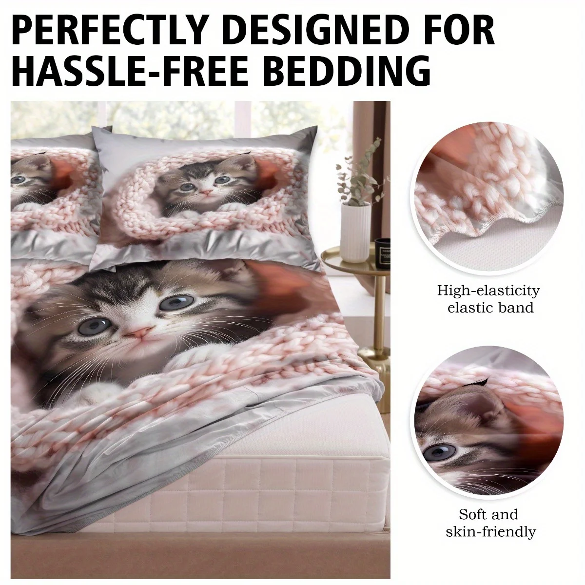 3pcs Cute Cat Bedding Set, Soft Fitted Sheet with 2 Pillowcases, Cozy Animal Lover Gift for Women, Twin&Full&Queen Size