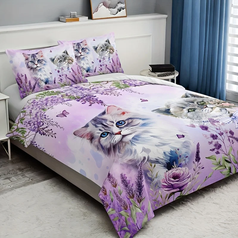 3pcs Duvet Cover Set (1*Duvet Cover + 2*Pillowcase, Without Core), Lavender Cat Animal Floral Print Bedding Set