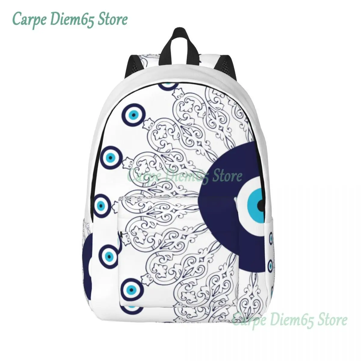 

Navy Blue White Mediterranean Evil Eye Mandala Canvas Backpack Water Resistant College School Bohemian Boho Bag Print Bookbags