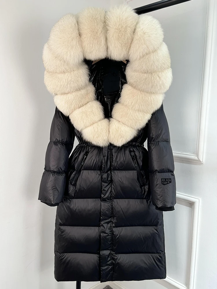 Janveny Thick Glossy Long Puffer Jacket Women Real Fox Fur Hooded 2026 Winter 90% Duck Down Coat Waterproof Female Warm Parkas