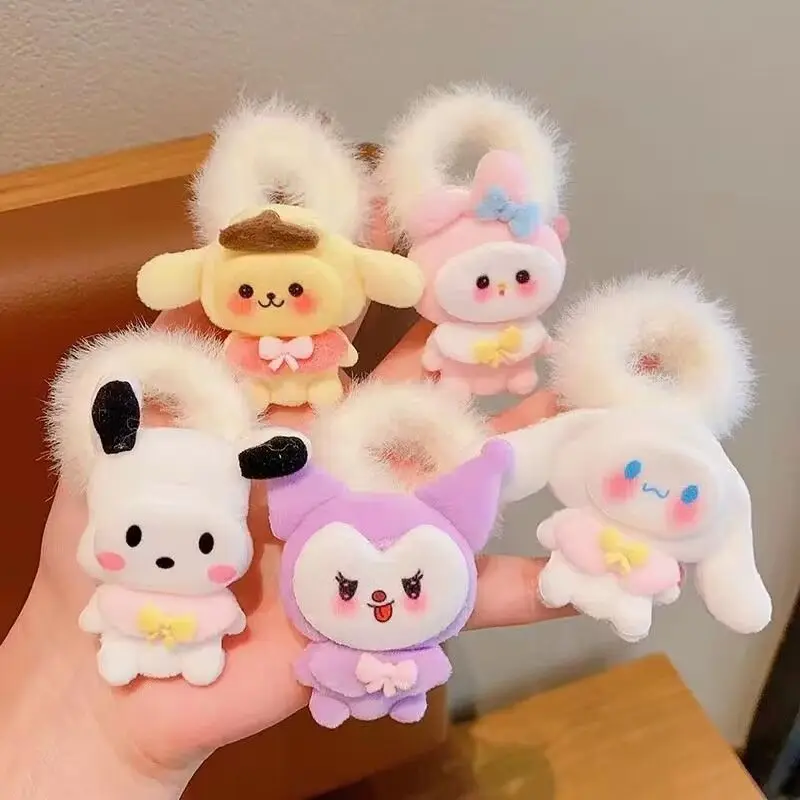 

Sanrioed Аниме фигурки Kuromi Cinnamoroll резинки для волос Mymelody Девочка милая девочка милая повязка на голову с шариком Милая мультяшная резинка