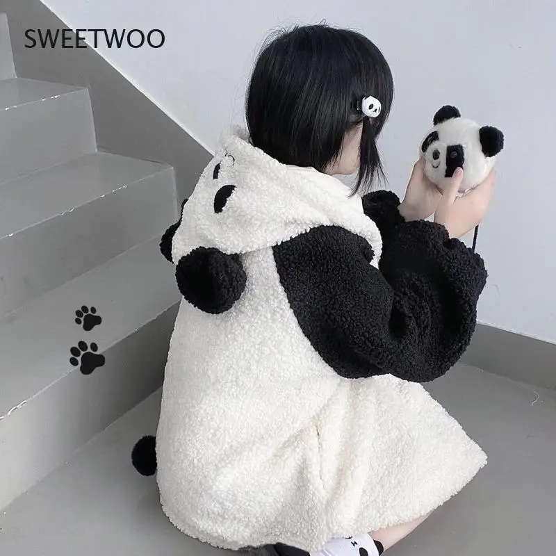 Autumn Winter Kawaii Hoodies Women Japanese Soft Girl Lambswool Cute Panda Ear Oversized Hoodie Preppy Style Button Coat