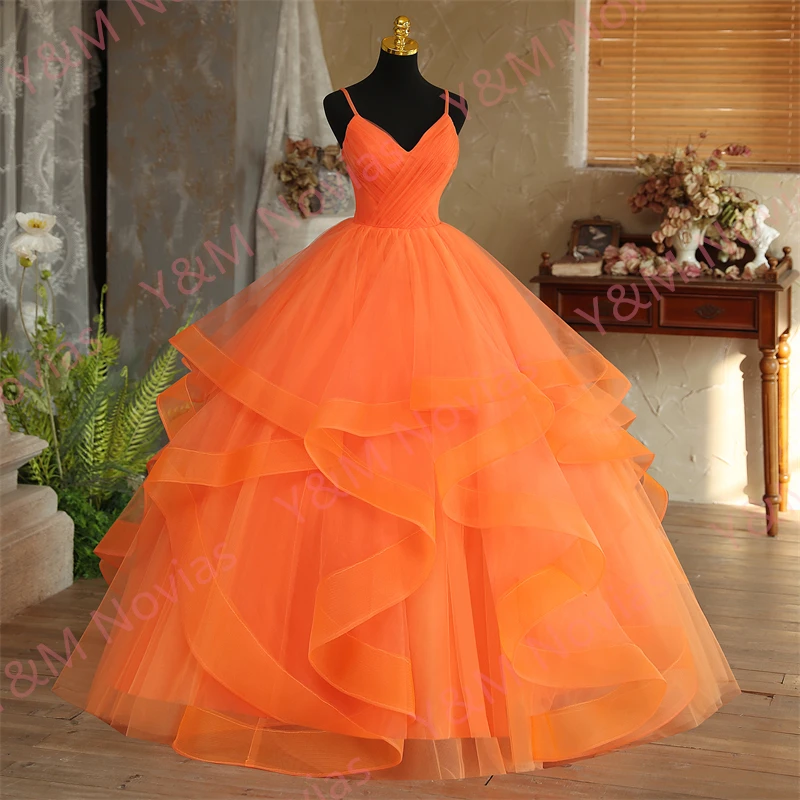 Orange Quinceanera Dresses Spaghetti Straps Sleeveless V-neck Party Prom Vestidos De Quinceaneras Gown New