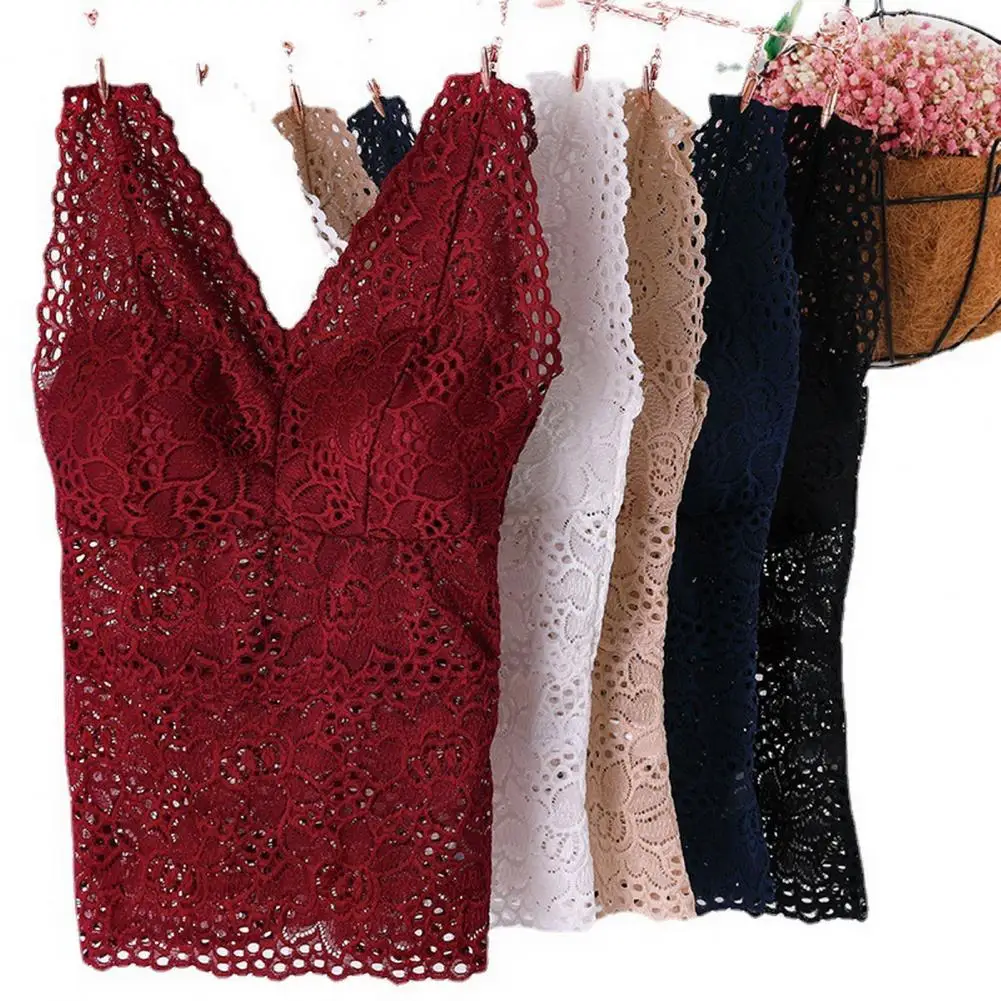 

New in Tank Top V-neck Skeleton with Pads Spaghetti Straps All-Match Sexy Lace Long Bra Crochet Vest Inside Wear Camisetas Топ