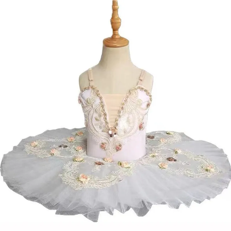 

White Girls Ballet Tutu Pancake Platter Embroidered Performance Clothes Adult Kids Professional Ballet Dance Leotard Costume
